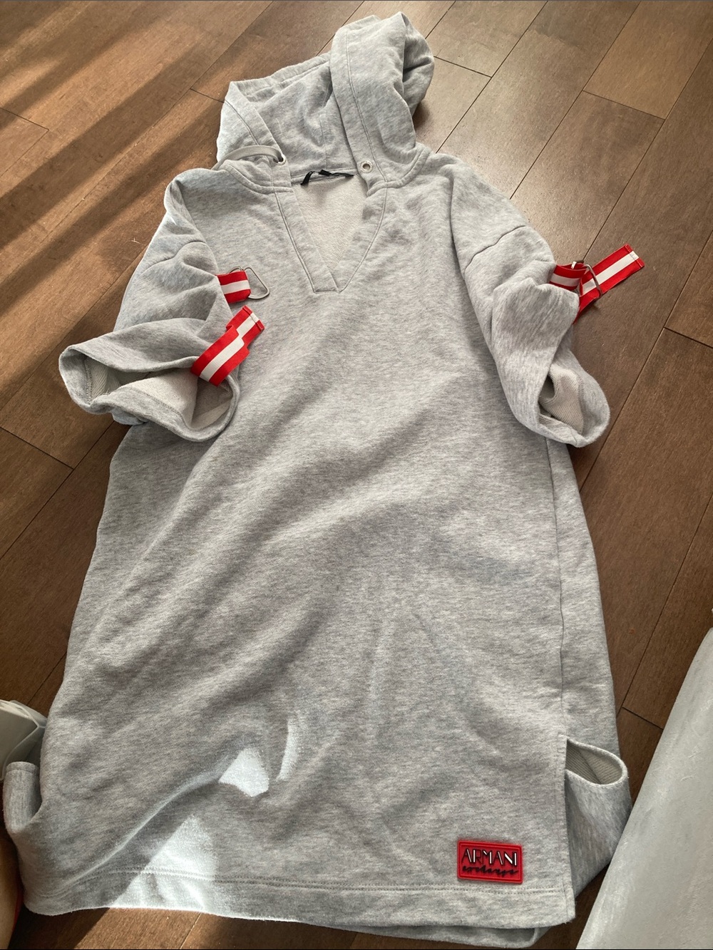 Armani Exchange Grey Hoodie Dress with Red Stripe Accents